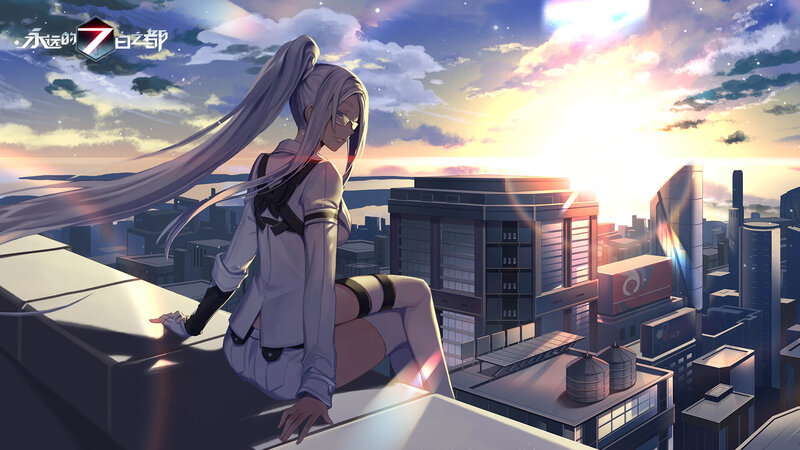 Anime Girl on Rooftop — Purple, Serene, Sunset, Digital Art