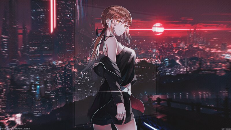 Anime Girl on Rooftop — Red, Dramatic, Night