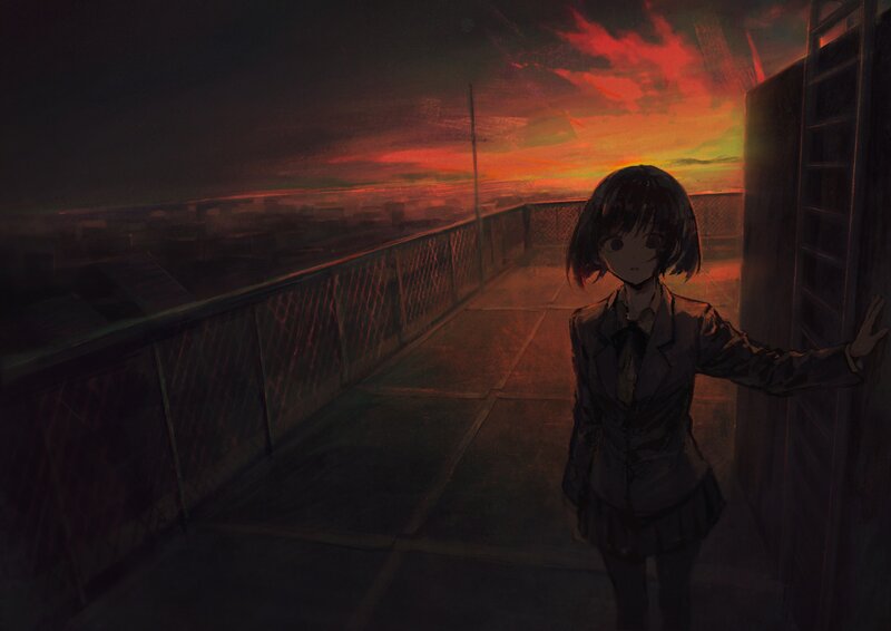 Anime Girl on Rooftop — Red, Dramatic