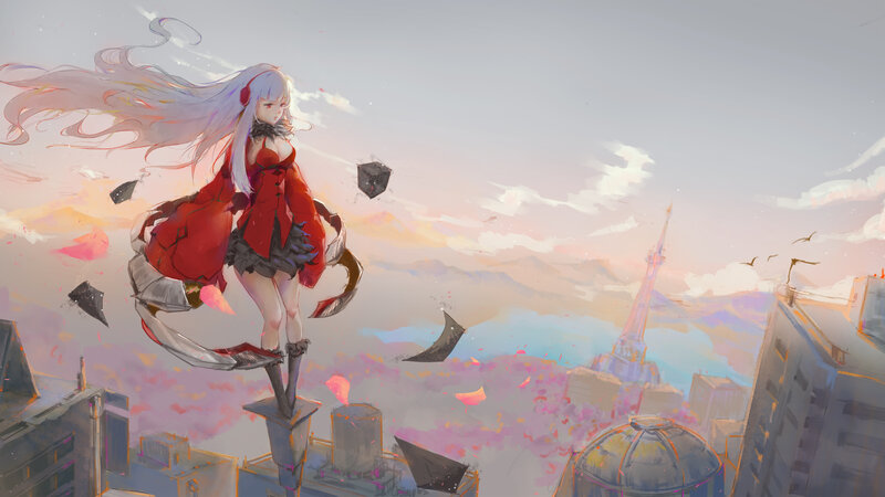 Anime Girl on Rooftop — Red