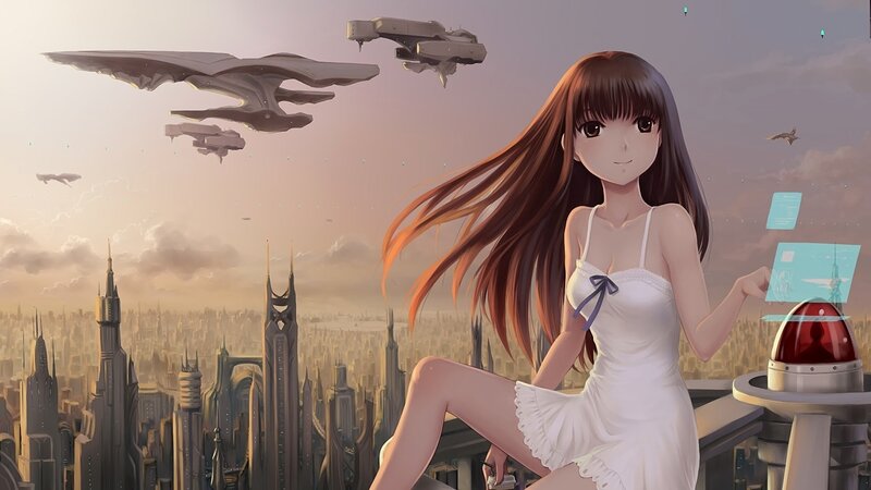 Anime Girl on Rooftop — White, Serene, Sunset, Digital Art, Flying Ships