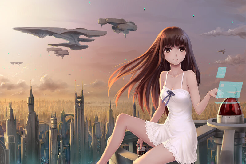 Anime Girl on Rooftop — White, Serene, Sunset