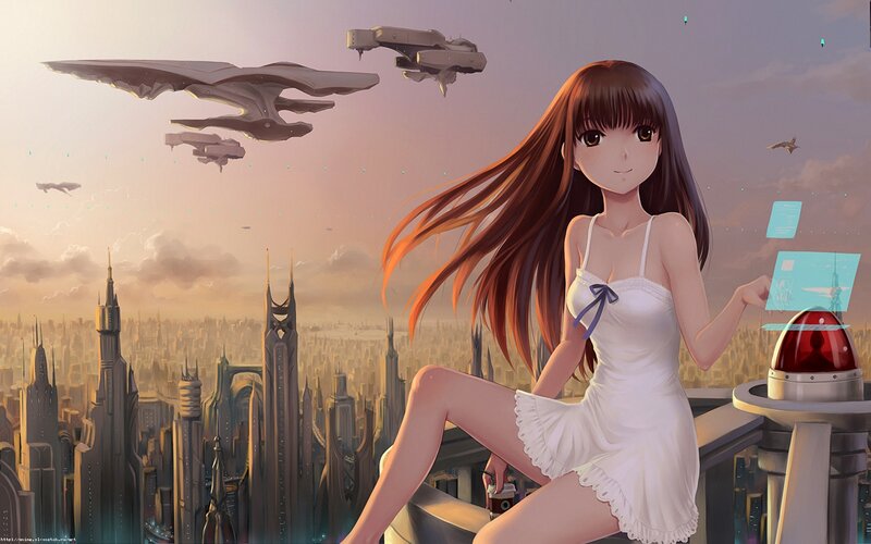 Anime Girl on Rooftop — White, Serene