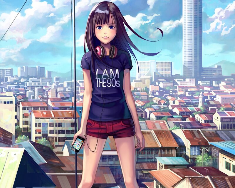 Anime girl on rooftop with city view