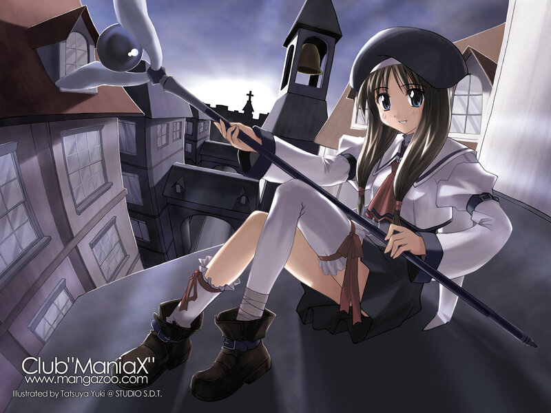 Anime girl on rooftop with staff