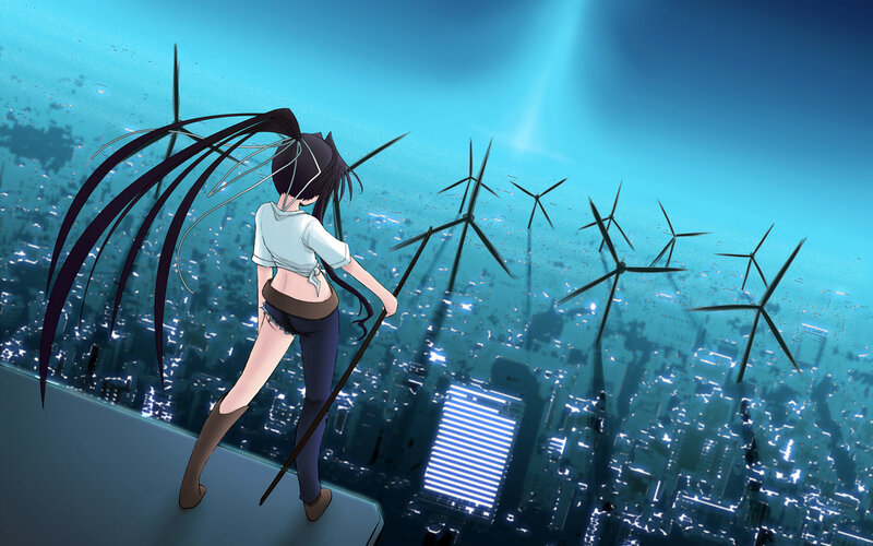 Anime girl on rooftop with wind turbines