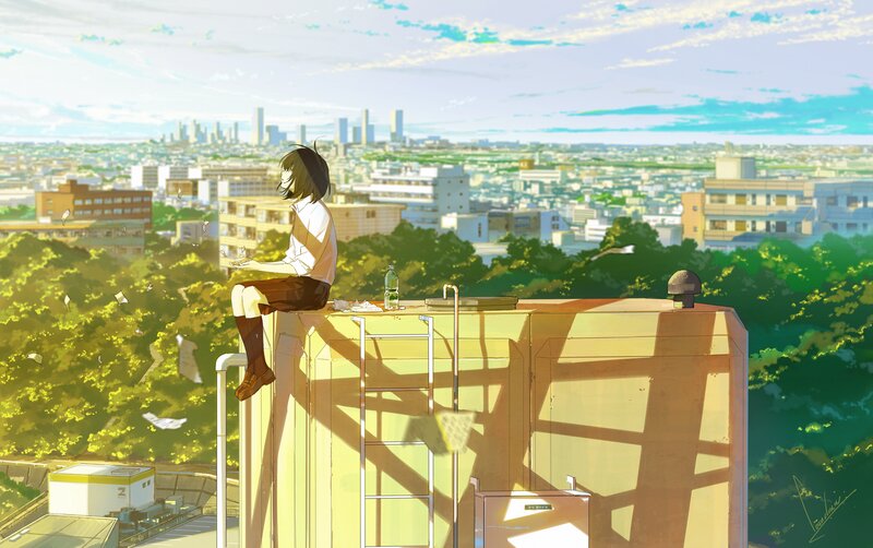 Anime Girl on Rooftop — Yellow