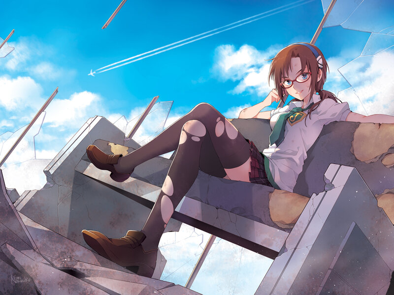 Anime Girl on Rubble — Blue, Calm, Afternoon, Digital Art, School Uniform