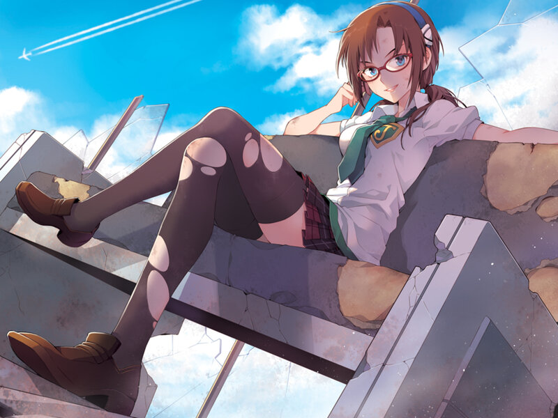 Anime Girl on Rubble — Blue, Calm, Afternoon, Glasses, School Uniform