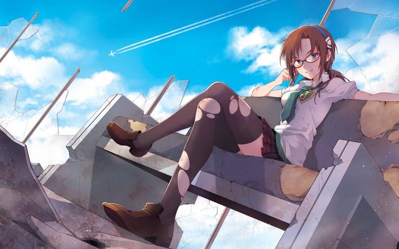 Anime Girl on Rubble — Blue, Calm, Afternoon, School Uniform, Glasses