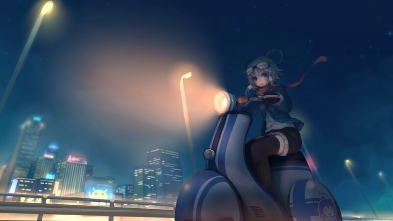 Anime girl on scooter at night