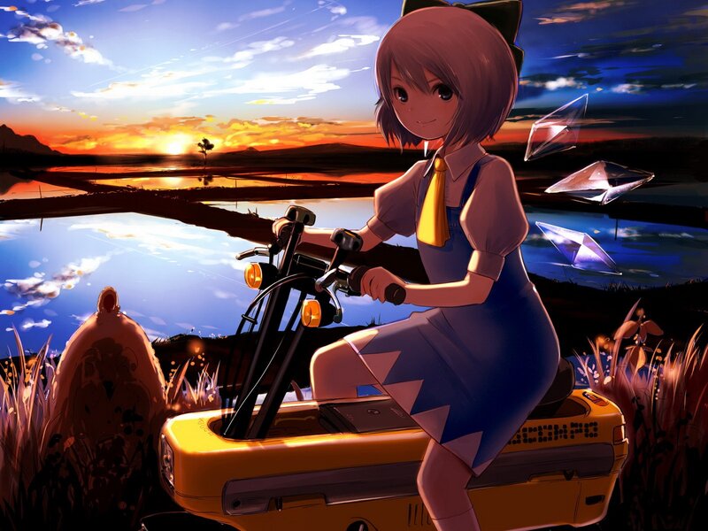 Anime girl on scooter at sunset