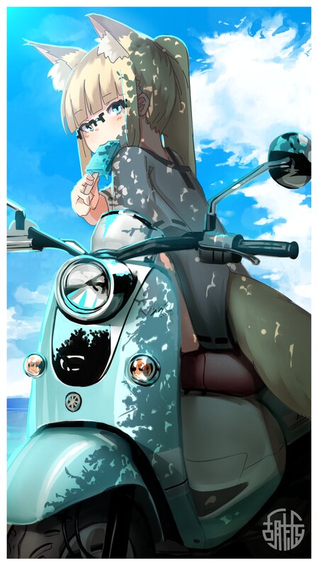 Anime Girl on Scooter — Blue, Serene, Afternoon, Digital Art