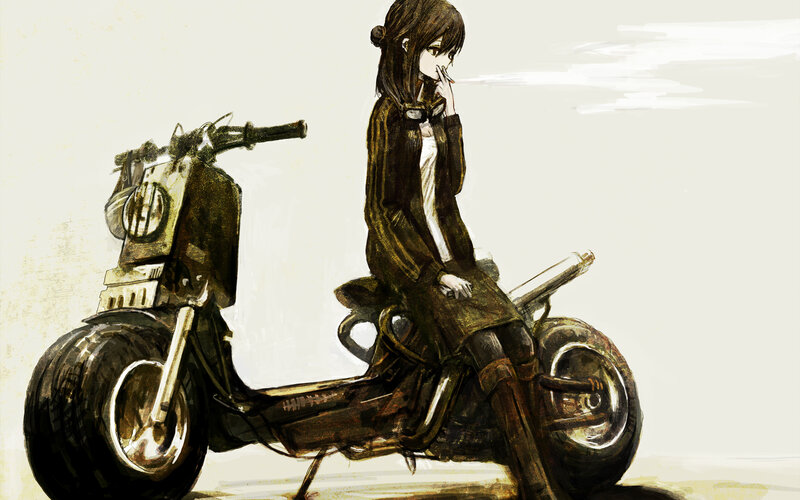 Anime Girl on Scooter — Brown, Contemplative