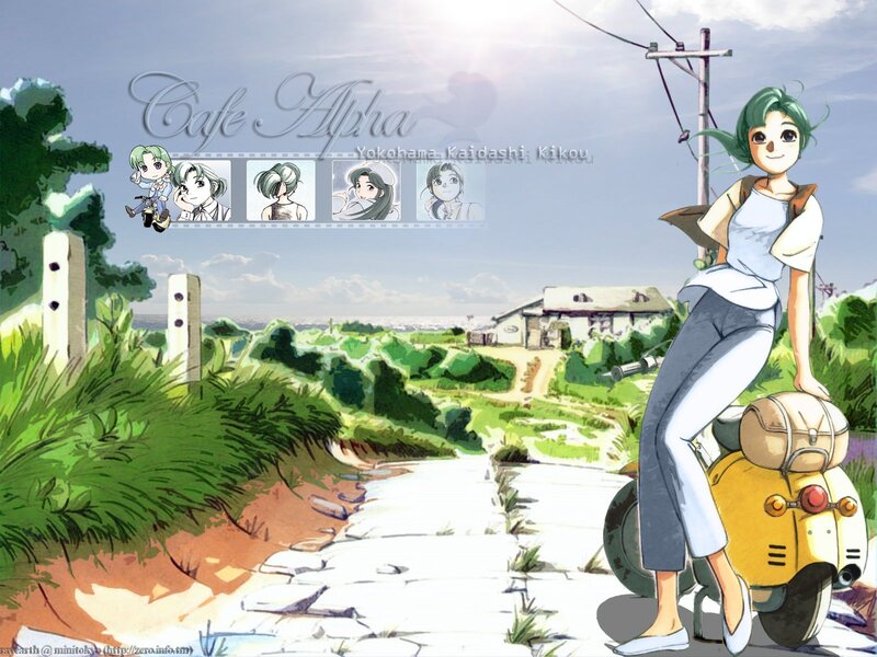 Anime girl on scooter by cafe alpha