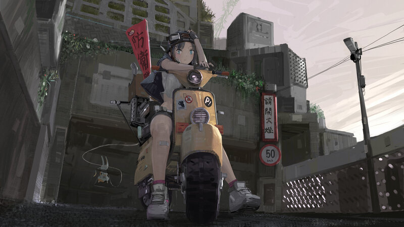 Anime Girl on Scooter — Gray, Dystopian, Afternoon