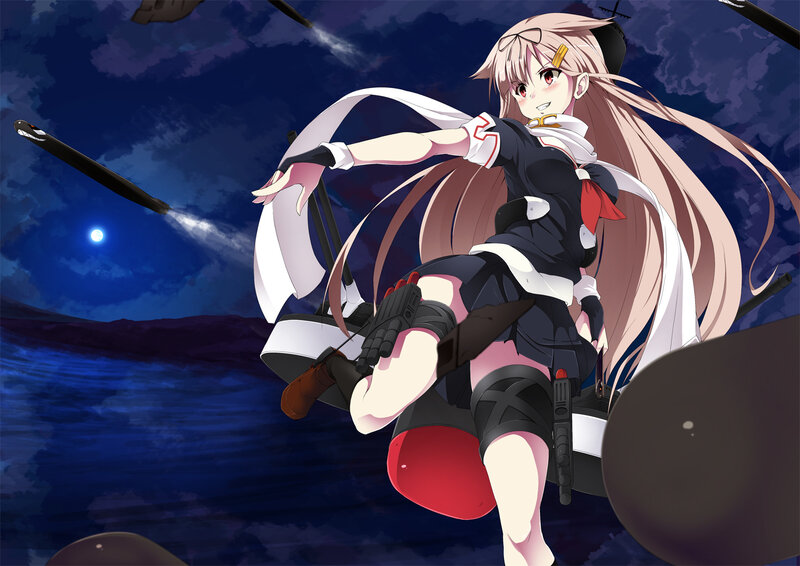 Anime Girl on Ship — Blue, Dramatic, Night