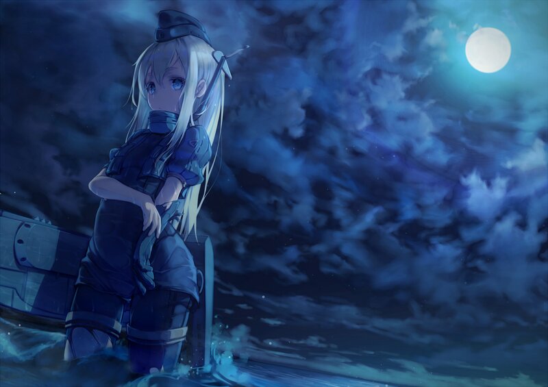 Anime Girl on Ship — Blue, Serene, Night
