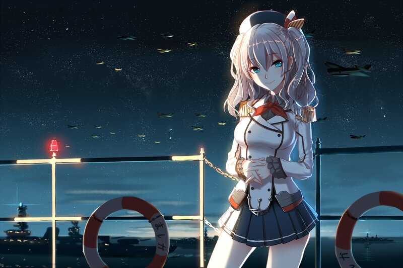 Anime Girl on Ship Deck — Blue, Serene, Night