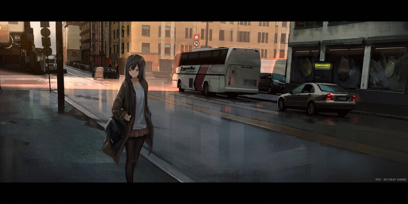 Anime Girl on Sidewalk — Gray