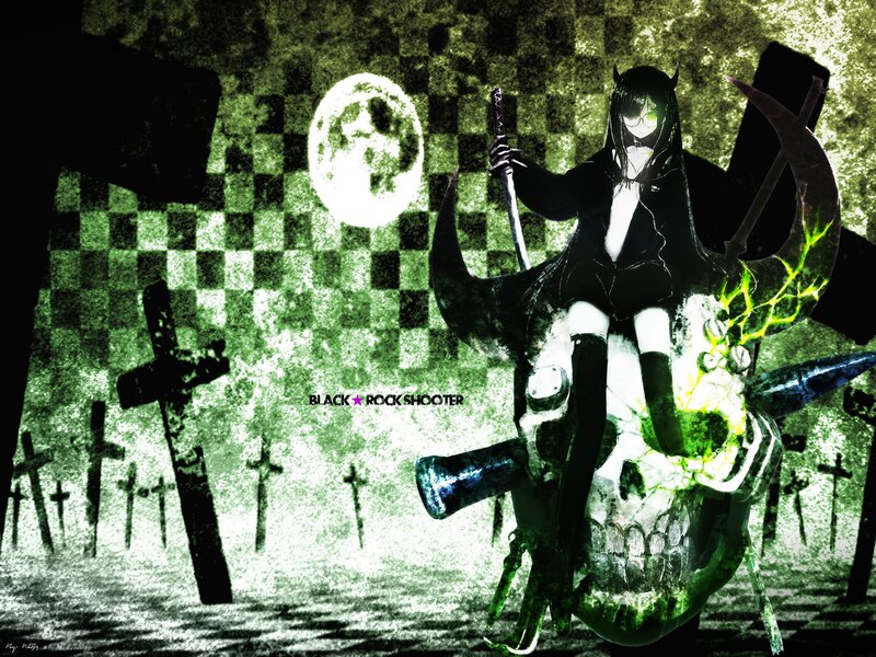 anime girl on skull in graveyard