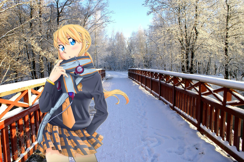 Anime girl on snowy bridge
