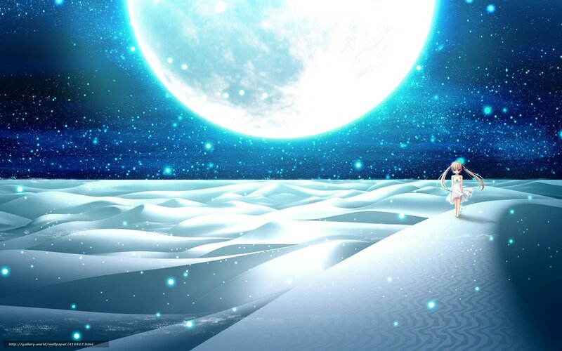 Anime girl on snowy moonlit landscape