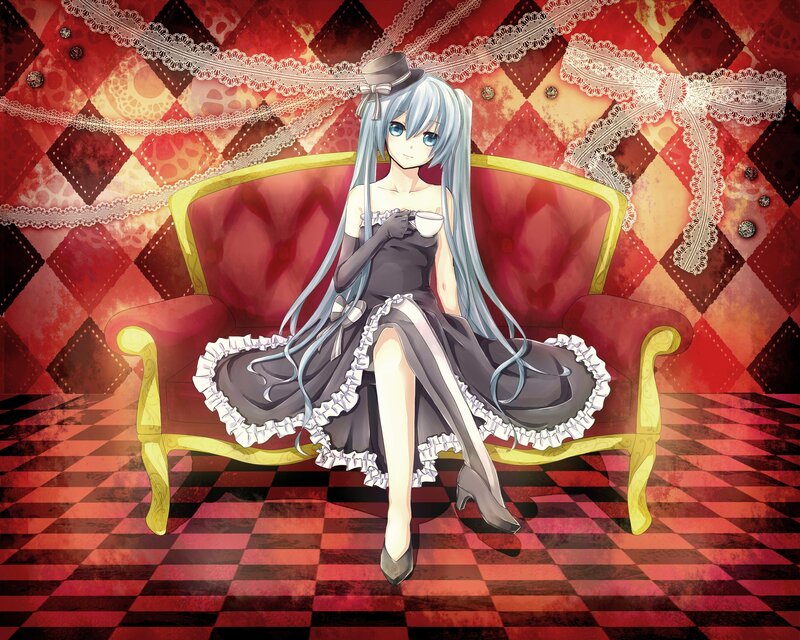 Anime Girl on Sofa — Red, Calm, Digital Art, Dress, Tea Cup