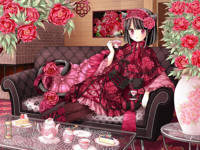 Anime Girl on Sofa — Red, Calm, Digital Art