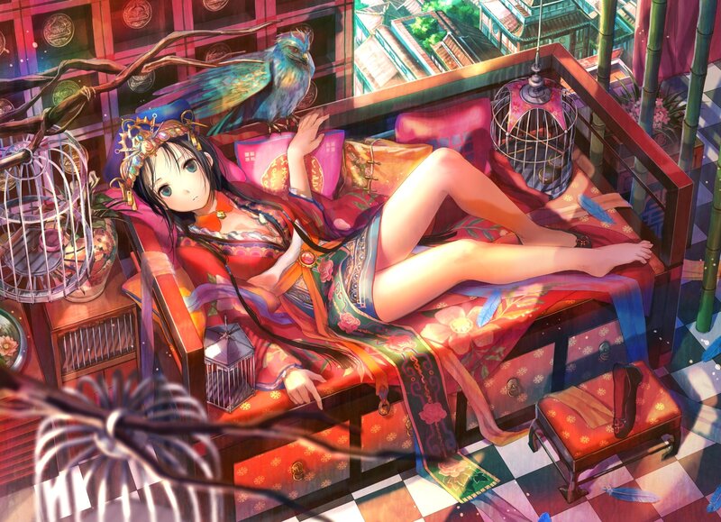 Anime Girl on Sofa — Red, Serene