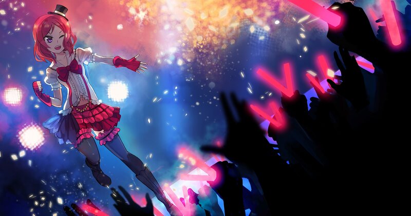 Anime Girl on Stage — Blue, Energetic, Night, Digital Art, Crowd