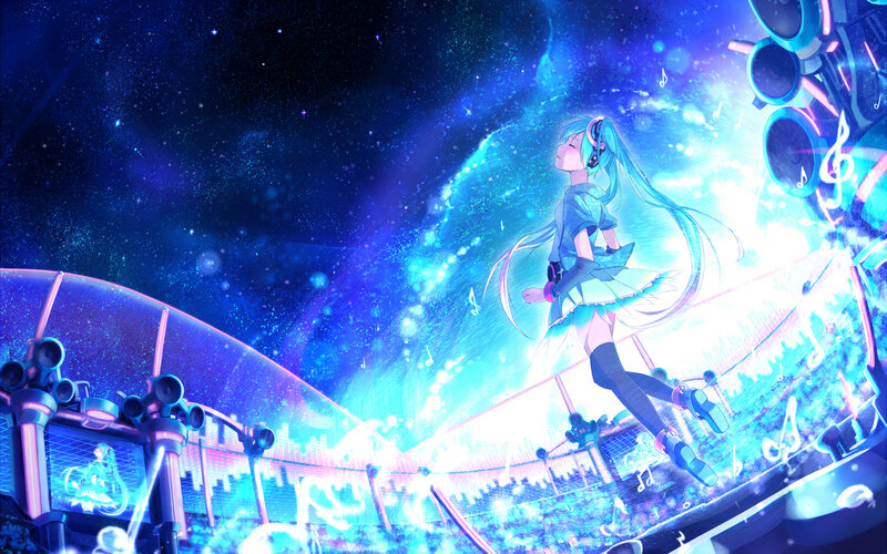 Anime Girl on Stage — Blue, Energetic, Night