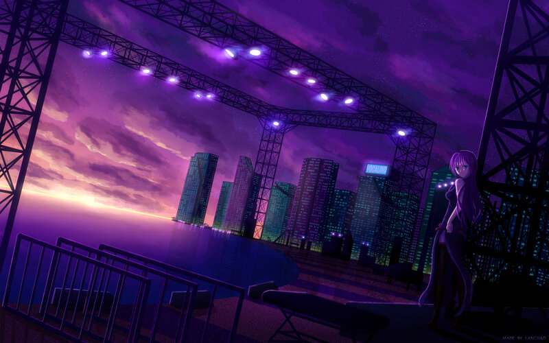 Anime Girl on Stage — Purple, Dramatic, Sunset