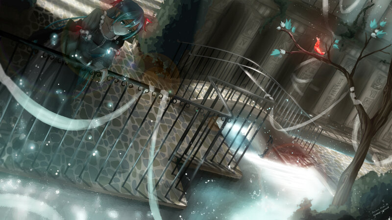 Anime Girl on Staircase — Blue