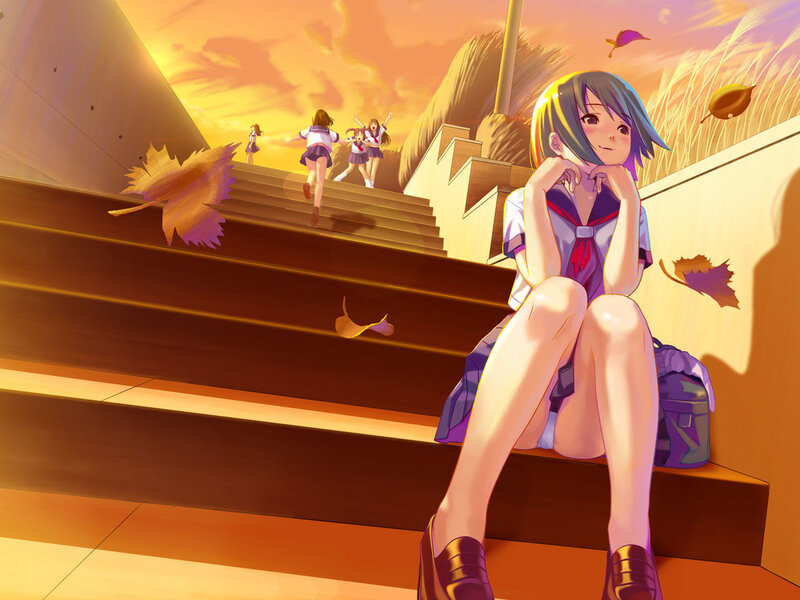 Anime girl on stairs at sunset