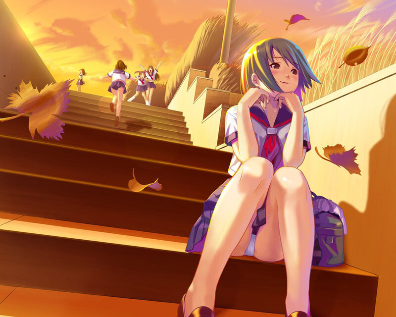 Anime girl on stairs at sunset