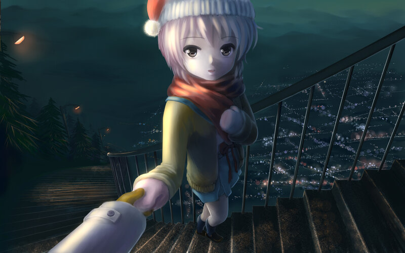 Anime Girl on Stairs — Blue, Calm