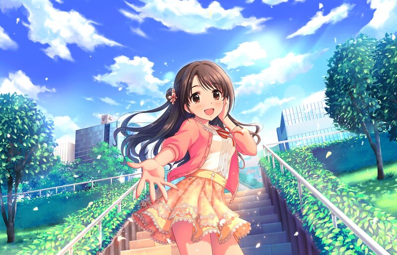 Anime Girl on Stairs — Blue, Cheerful