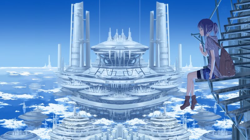 Anime Girl on Stairs — Blue, Serene, Afternoon, Digital Art