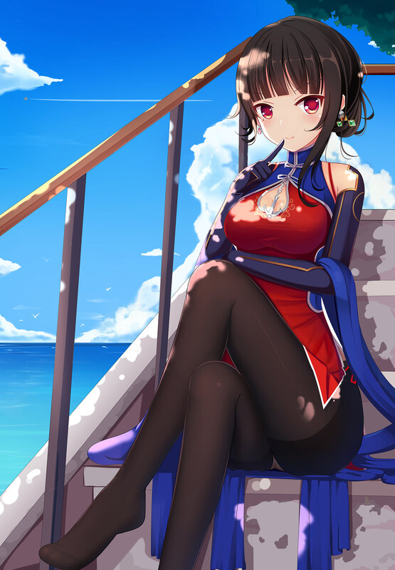 Anime Girl on Stairs — Blue, Serene, Afternoon, Ocean