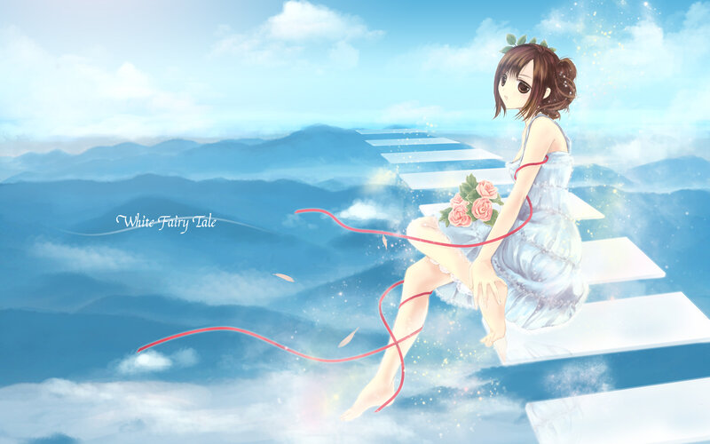 Anime Girl on Stairs — Blue, Serene