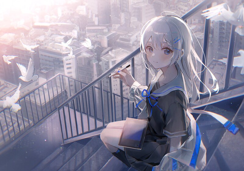 Anime Girl on Stairs — Gray, Serene, Morning