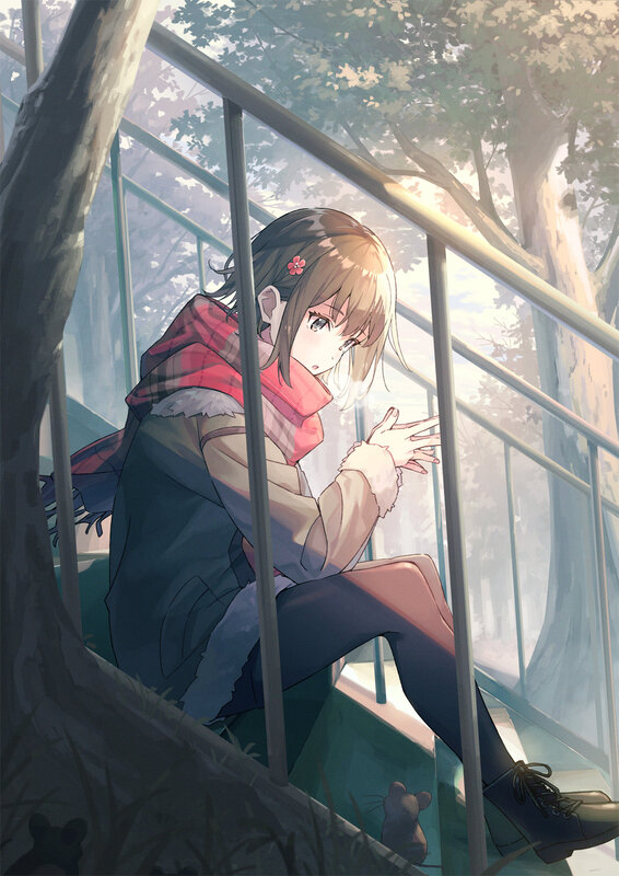 Anime Girl on Stairs — Green, Serene, Afternoon