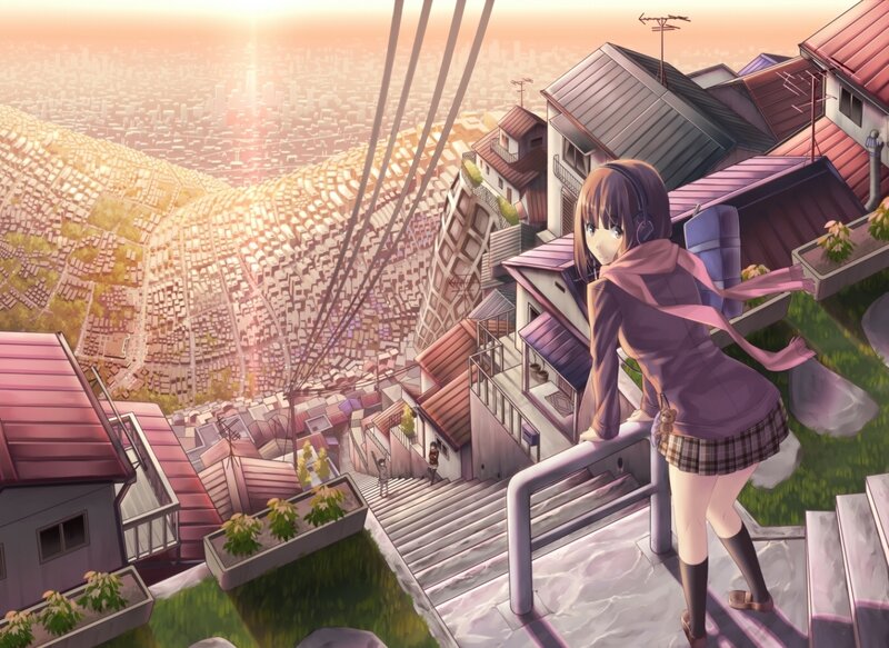 Anime Girl on Stairs — Purple