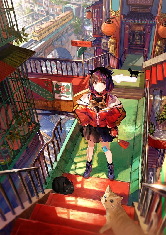 Anime Girl on Stairs — Red, Calm