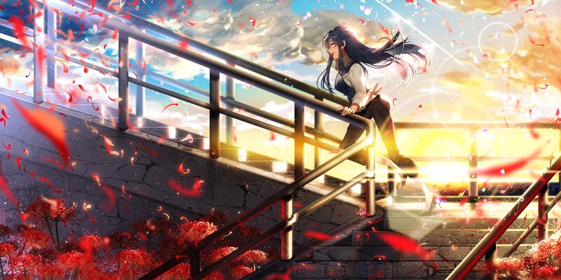 Anime Girl on Stairs — Red, Dramatic, Sunset