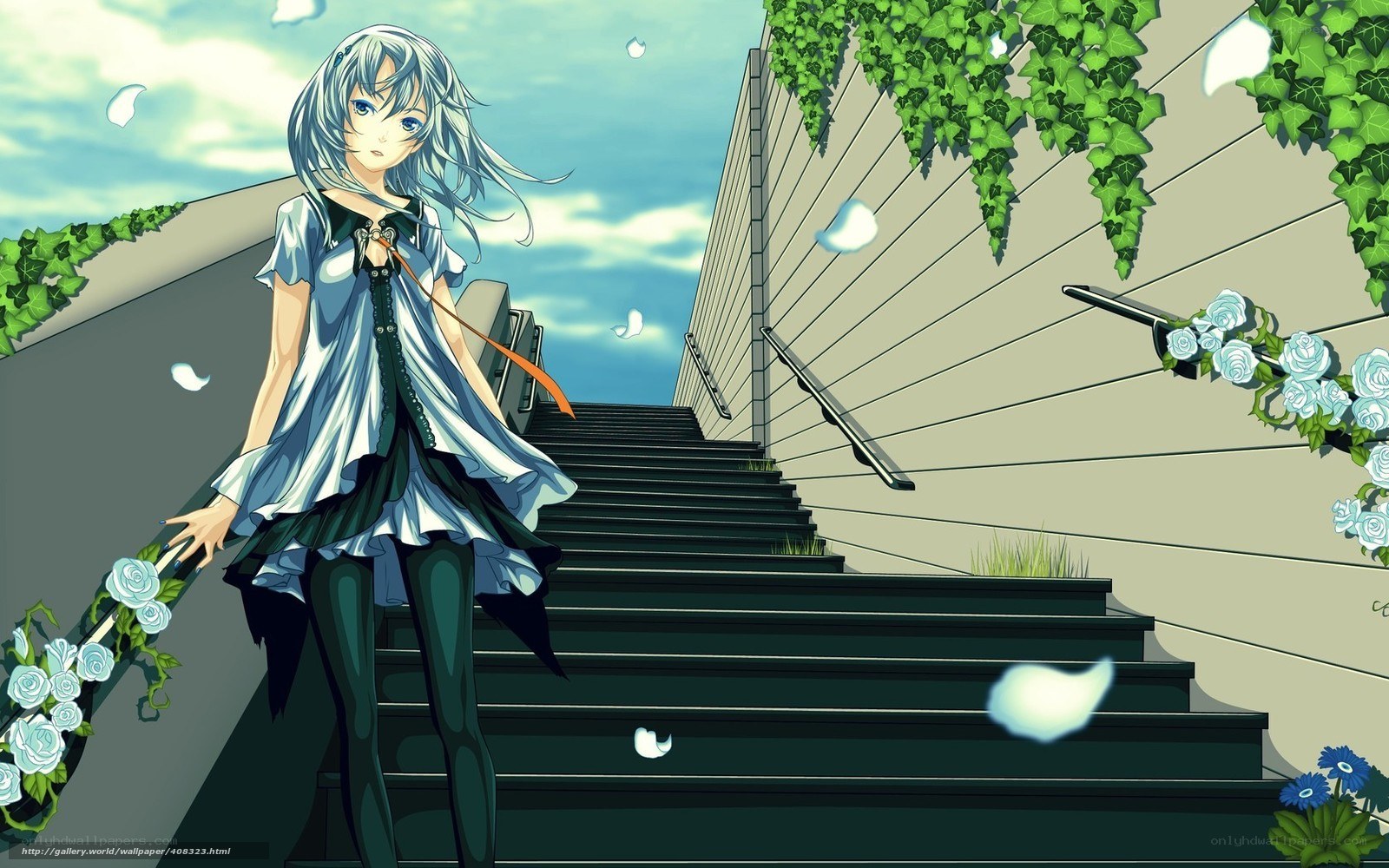 Anime girl on stairs with flowers