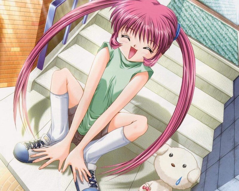 Anime girl on stairs with teddy bear