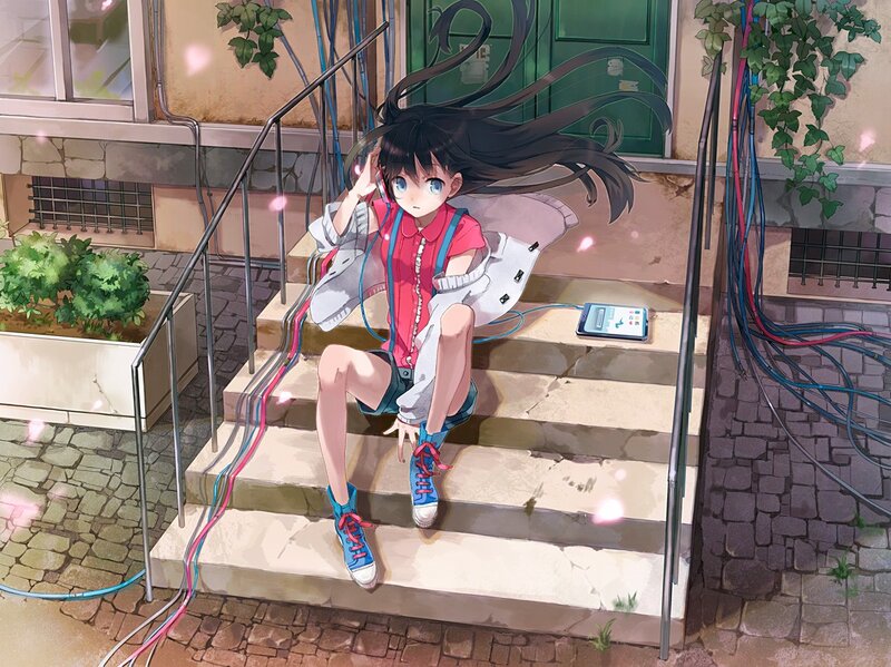anime girl on steps with phone