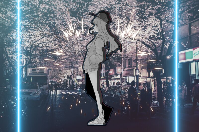 Anime Girl on Street — Black, Dramatic
